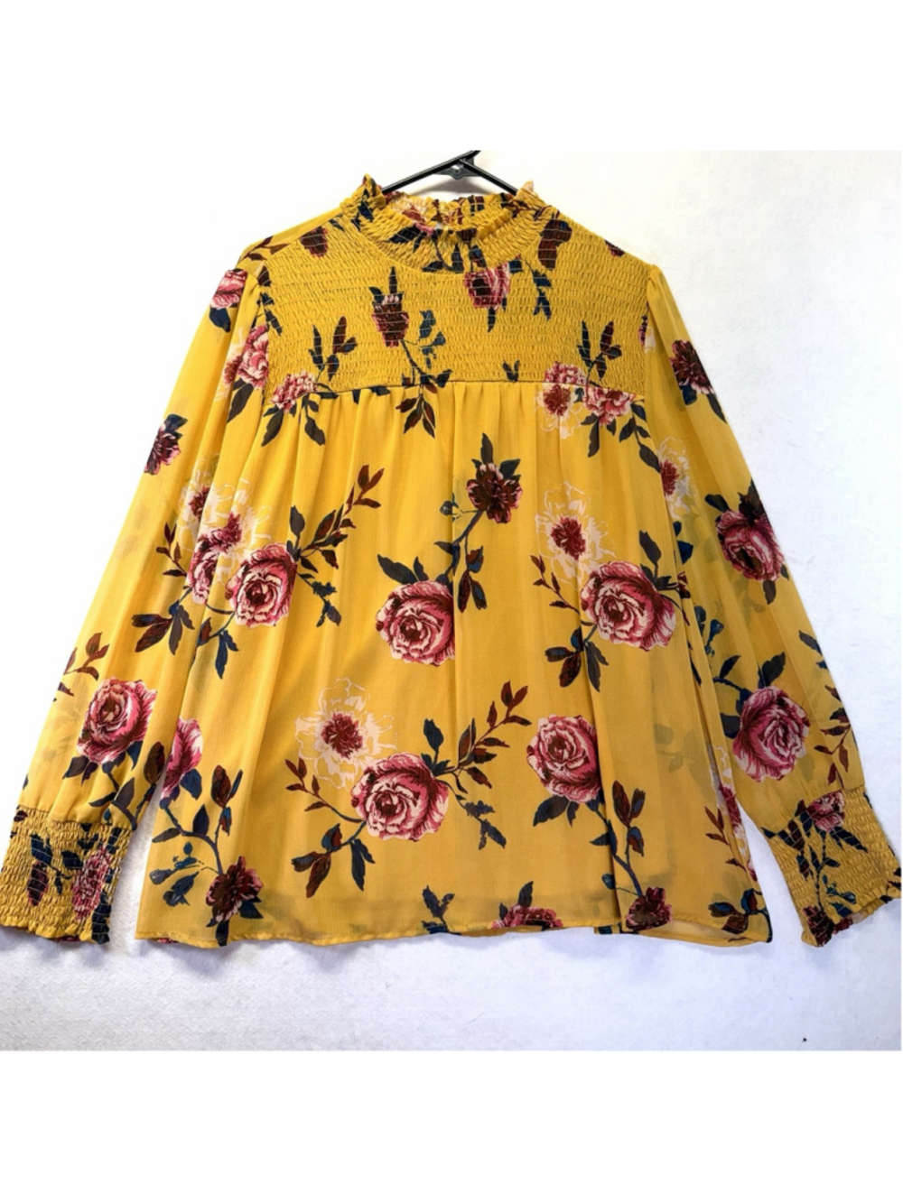 Ophelia Roe Women’s XL Yellow Floral Smocked Blouse Sheer Boho Peasant Top
